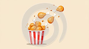 Popcorn bucket with scattered popcorn on beige background