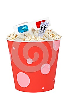 Popcorn bucket, two tickets and 3D glasses