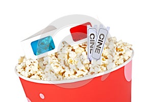 Popcorn bucket, two tickets and 3D glasses