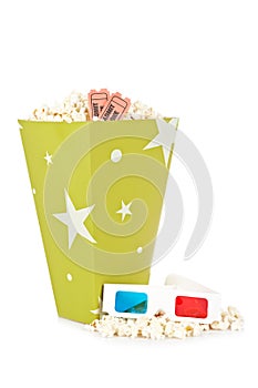 Popcorn bucket, two tickets and 3D glasses