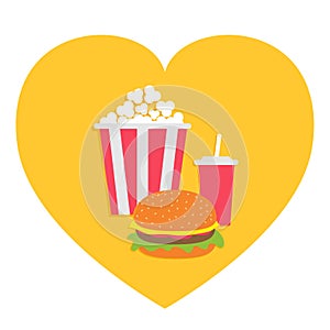 Popcorn. Burger. Soda drink glass with straw. Heart shape. I love Movie Cinema icon set. Fast food menu. Flat design. White