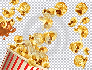 Popcorn with caramel vectorized image. 3d vector set