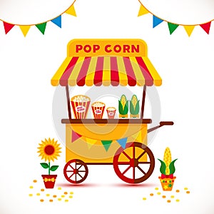 Popcorn cart carnival store and festival popcorn cart.cartoon. Candy corn container seller cart. Popcorn cart snack food