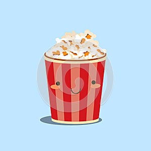 Popcorn character. Pop corn basket. Cinema snack. Red striped box. Happy smiling face. Takeaway cinematography fast food photo