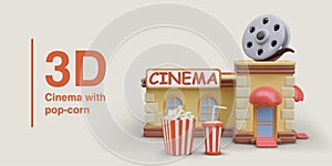Popcorn cinema advertising concept. Cute vintage building, text sign, snacks, drinks