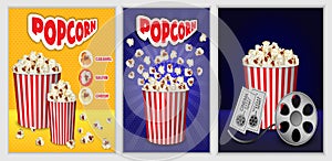 Popcorn cinema box banner set, realistic style