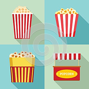 Popcorn cinema box striped icons set, flat style