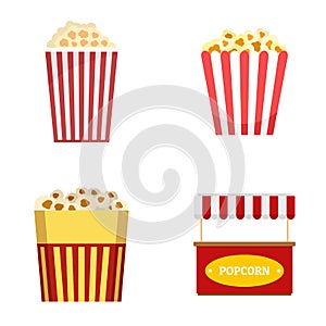 Popcorn cinema box striped icons set, flat style