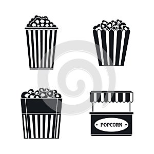 Popcorn cinema box striped icons set, simple style