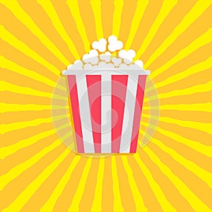 Popcorn. Cinema movie icon in flat design style. Starburst vawe background