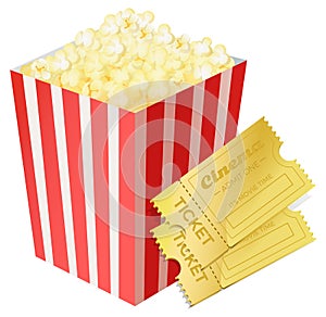 Popcorn and cinema tickets. Big red white strip box. Cinema movie night icon. Pop corn food