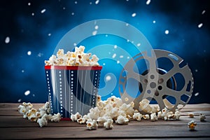 popcorn and a clap film reel on wooden table, christmas themed with snow in background