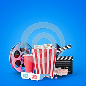 Popcorn, clapper and film reel on blue, mock up