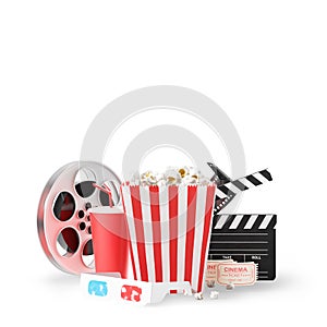 Popcorn, clapper and film reel on white, mock up