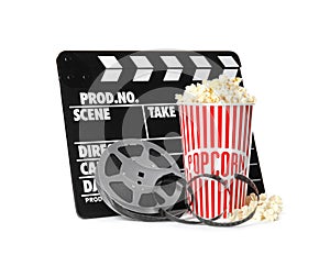 Popcorn, clapper and reel isolated on white.