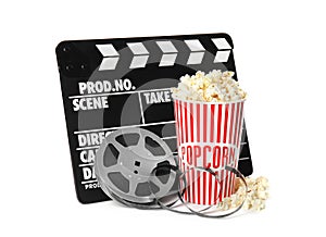 Popcorn, clapper and reel isolated on white.