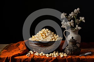Popcorn in a clay bowl on a wooden table on a black background, Recreation artistic still life of popcorn opend and closed in a