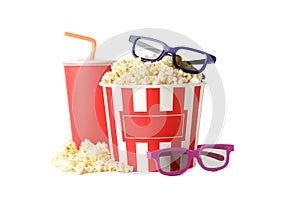 Popcorn, cup straw and 3d glasses isolated on white background