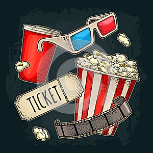 Popcorn, cup with straw, tiket, film strip, 3D glasses cinema.