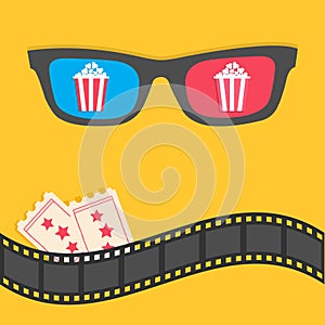 Popcorn. 3D glasses. Film strip border. Tickets. Pop corn. Red striped box. Cinema movie night icon. Flat design. Yellow