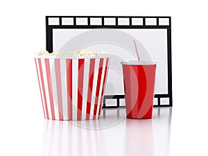 Popcorn, drink and film reel. 3d illustration