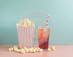 Popcorn and a drink in pastel colors