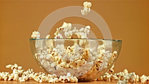 Popcorn drops into a big bowl. Filmed on a high-speed camera at 1000 fps.