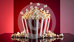 Popcorn exploding from a classic red and white striped container on reflective surface