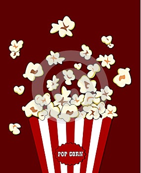 Popcorn exploding inside the red white striped packaging. Vector cinema food. Container with overflowing maize