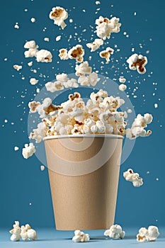 Popcorn exploding from a paper cup against a blue background