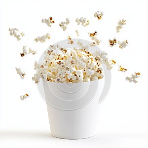 Exploding Popcorn in White Bucket on White Background
