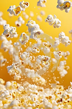 Popcorn exploding on a yellow background, flying kernels and delicious snack