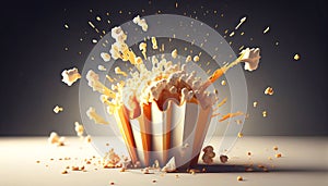Popcorn explosion in the box. Cinema and movie snack illustration.