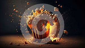 Popcorn explosion in the box. Cinema and movie snack illustration.