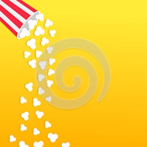 Popcorn falling from round box. Movie Cinema icon in flat design style. Pop corn raining down in the air. Yellow gradient backgrou