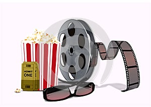 Popcorn with film reel and 3d glasses