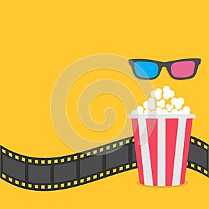 Popcorn. Film strip border. 3D glasses Red striped box. Cinema movie night icon in flat design style. Yellow background.