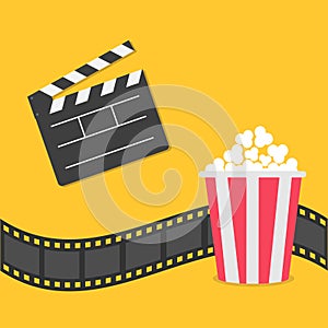 Popcorn. Film strip border. Open movie clapper board icon. Red yellow box. Cinema movie night icon in flat design style.
