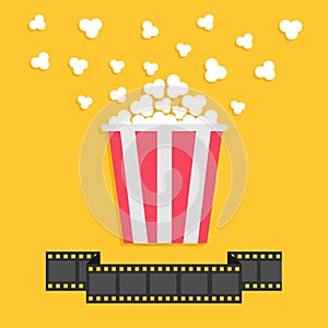 Popcorn. Film strip ribbon line. Red yellow box. Cinema movie night icon in flat design style.