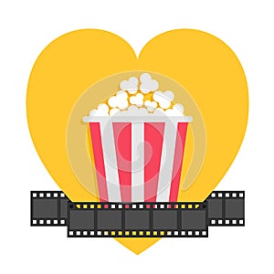 Popcorn. Film strip ribbon line. Red yellow box. Heart shape. I love movie cinema night icon in flat design style. Yellow