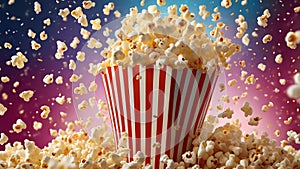 Popcorn spilling from striped bucket on colorful background. photo
