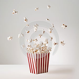 Popcorn flying out of red white striped paper box isolated on white background. Splash, levitation of popcorn grains