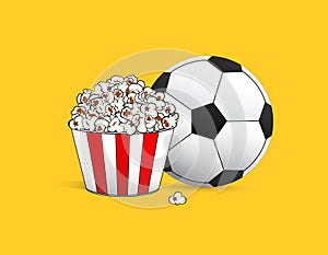 Popcorn and football vector illustration on yellow background.