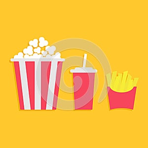 Popcorn. French fries potato in a paper wrapper box. Soda drink glass with straw. Fried potatoes. Movie Cinema icon set. Fast food