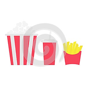 Popcorn. French fries potato in a paper wrapper box. Soda drink glass with straw. Fried potatoes. Movie Cinema icon set. Fast food