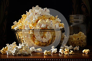 Popcorn in a glass bowl on a wooden background. Close-up, Recreation artistic still life of popcorn opend and closed in a bowl