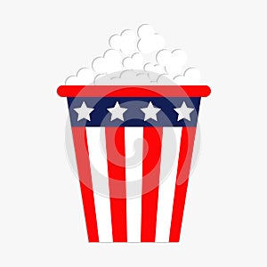 Popcorn icon. Cinema icon in flat design style. American flag Stars and strips. Isolated. Red and blue color. White background. Is