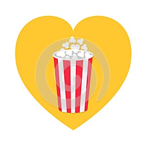 Popcorn icon. Heart shape. Red yellow strip paper box. I love movie cinema night. Tasty food. Flat design. Isolated. White
