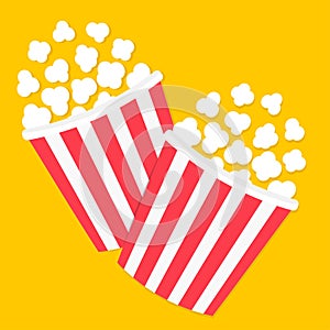 Popcorn icon set. Cinema movie night icon. Two big size strip box package. Pop corn food. Red white text. Flat design style.