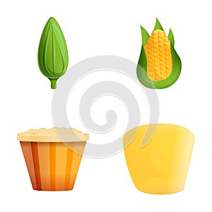 Popcorn icons set cartoon vector. Corn cob and popcorn basket